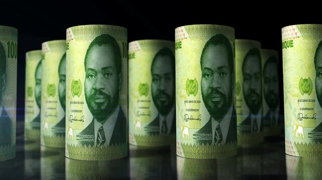 Mozambique money Mozambican Metical rolls loop 3d. Camera moving in front of 1000 MZN rolling banknotes. Seamless loopable concept of economy, finance, business and debt.