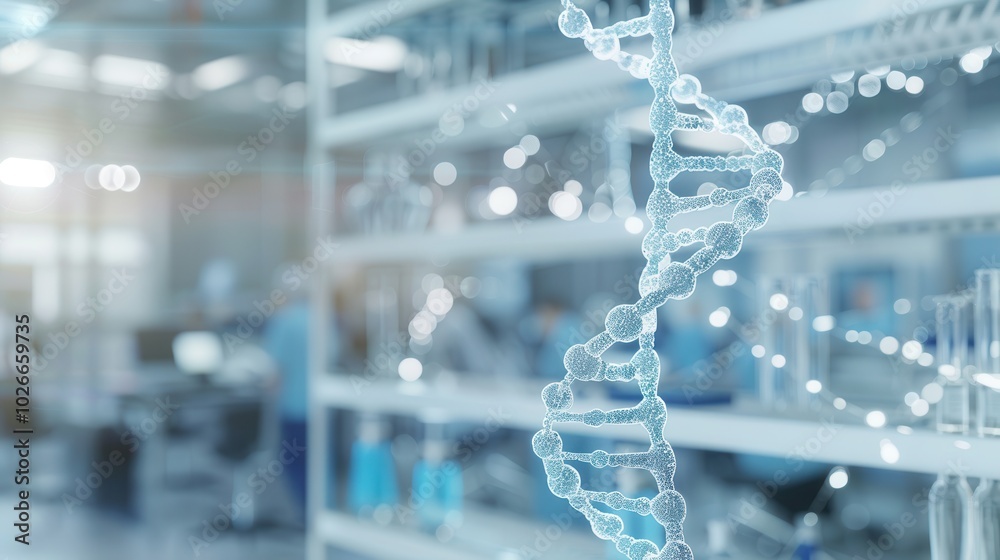 Poster a intricate dna strand is prominently displayed, surrounded by a busy laboratory setting filled with