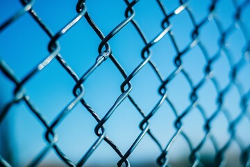 Fototapeta premium A detailed view of a chain-link fence with a clear blue sky background, representing separation and fortitude.