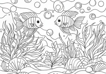 Coloring book fish tank with rock stones and seaweed