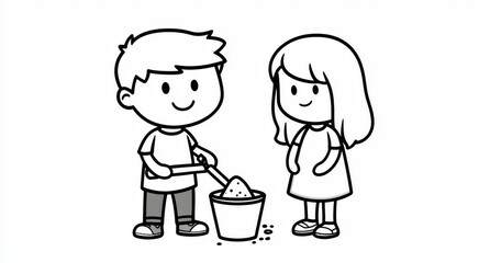 Two little kids enjoying the beach in black and white. Isolated on white. Modern illustration.