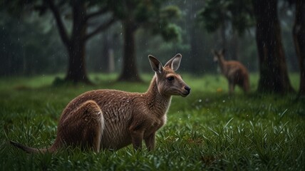 Fototapeta premium Two kangaroos in a green grassy field with trees in the background on a rainy day.