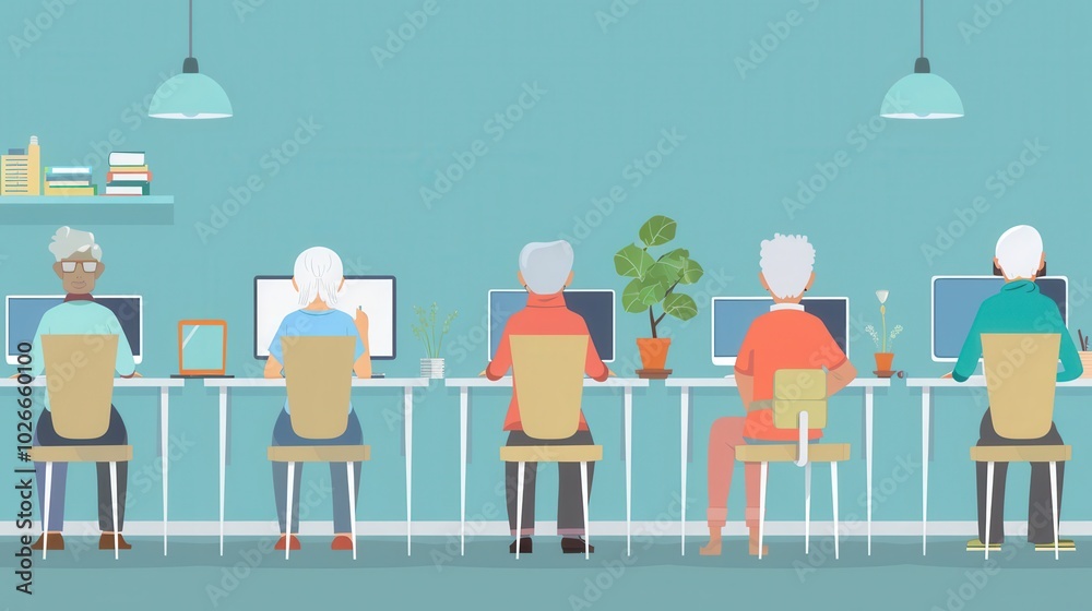 Fototapete a group of elderly people engages in a computer course, focusing on laptops and desktops to improve 