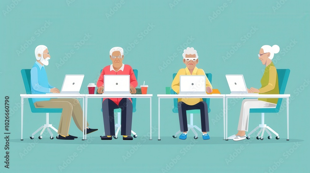 Leinwandbilder a group of elderly individuals engages in a computer course, focusing on digital skills using laptop