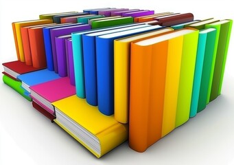 The stack of colorful books is isolated on a white background. Different books are being collected. Hardback books for reading. Back to school and education learning concept.