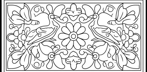 Illustration for a coloring book. Zentangle style line drawing of a butterfly and birds. Ideal for adult or child coloring.