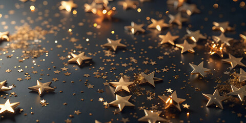 Elegant golden confetti and stars on black background. Christmas golden luxury glitter background. Golden confetti tinsel on black background. Flat lay, side view. Minimal background.