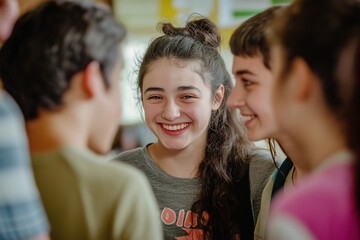 Obraz premium Smiling teenage girl chatting with friends indoors
