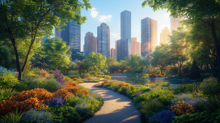 Fototapeta premium Lush Urban Garden Amidst Towering Skyscrapers Showcasing Nature and City Life Blend