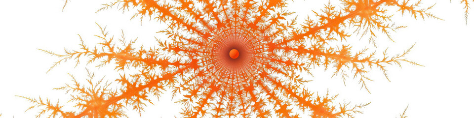 Orange Burst Fractal: A tiny orange dot expands and branches out into a complex, intricate fractal pattern against a solid white background, showcasing intricate detail.