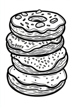 recommend clip art: Donut pile coloring book page. Sweets contour illustration.