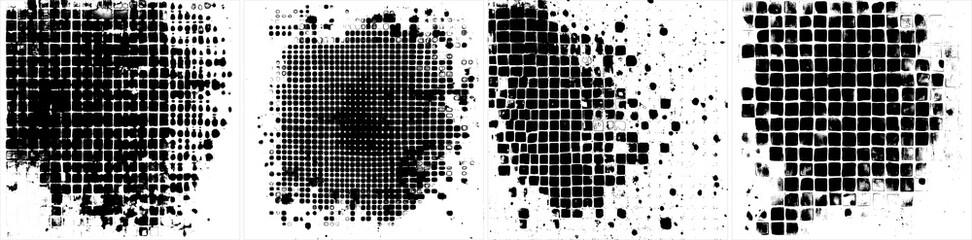 Texture of tiny amorphous shapes of unequal size, in black color, in grid pattern technique, simple design, on transparent background
