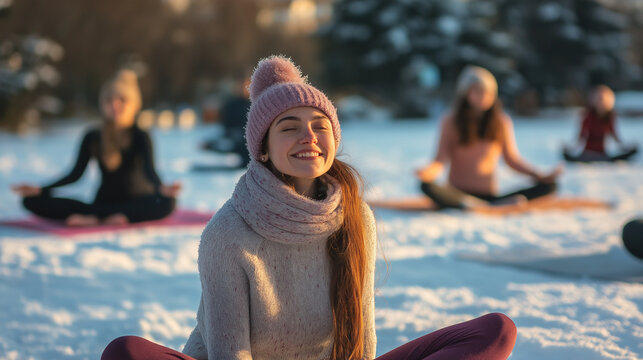 Smiling woman in winter yoga session outdoors with group in snow