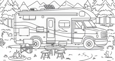 Fototapeta premium Family travel coloring book with an illustration of a motorhome parking lot in the background of a mountain landscape.