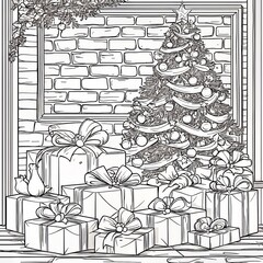 Fototapeta premium An illustration isolated on white background showing gifts under the Christmas tree. Zen-tangle style coloring book for kids and adults. Illustration isolated on white background.