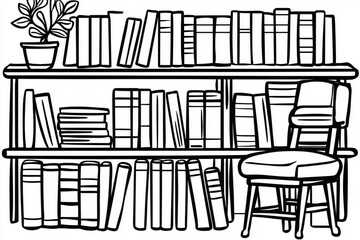 A bookshelf full of books in black and white. Reading concept. Doodle modern.