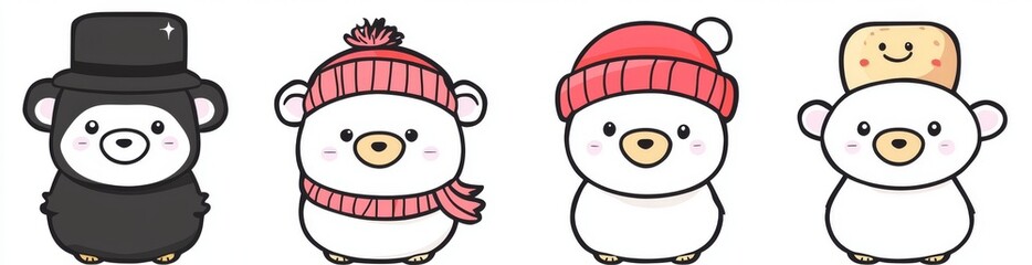 Fototapeta premium A collection of cute winter animals and birds in frames with snowflakes. Ideal for coloring books, stamps, invitations, etc. Doodle style. Modern illustration.