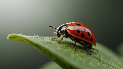 Fototapeta premium A vibrant ladybug perched on a green leaf, with a soft, blurred background.