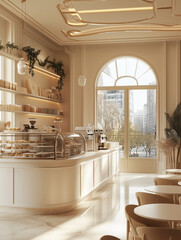 Minimal aesthetic cream cafe with cake shop