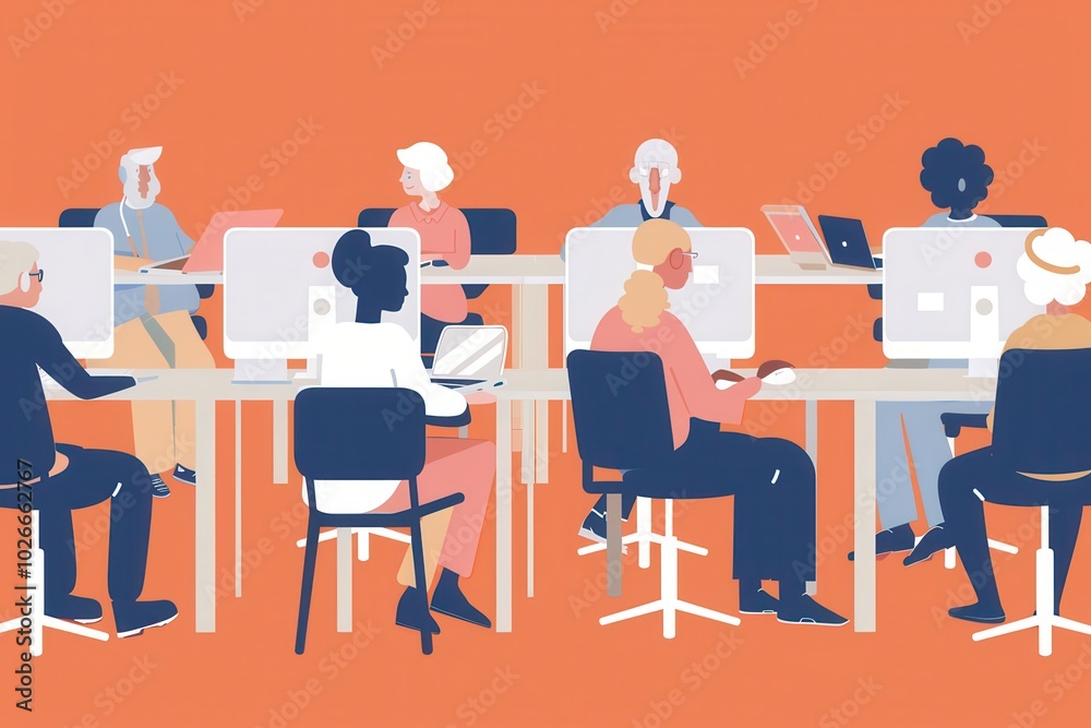 Aufkleber A group of elderly people is focused on learning computer skills using laptops and desktops in a colorful classroom environment. Generative AI