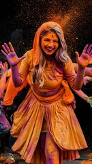 Fototapeta premium Cropped view of woman with orange colorful holi paint powder on body and clothes isolated on black, panoramic shot