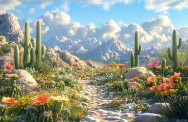 Vibrant wildflower field with cacti and mountains under sunny sky in springtime