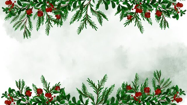 Watercolor fir tree, Christmas and New Year background, hand painted floral design, green leaves, red rowan berries, mistletoe, ecology design, animation, botanical illustration animation