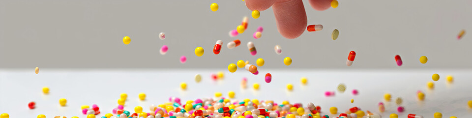 Yellow Dots: A close-up shot of a hand dropping multicolored pills onto a white surface, each one leaving a small yellow dot.