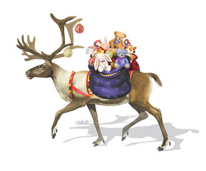 Watercolor reindeer with a bag of gifts