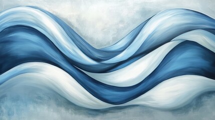 Abstract painting with blue and white waves flowing in a wavy pattern.