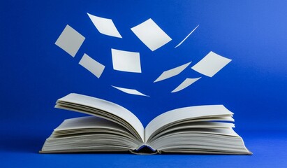 Blue background with a stack of books, flying books atop them, and a bookmark in the middle. Generative stock.