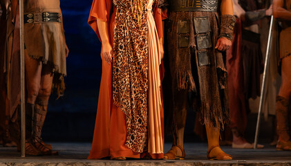 Closeup of men in egyptian clothes, theatrical costume.