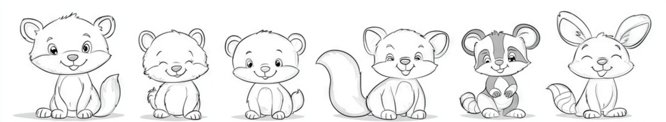 Fototapeta premium Cute fox, wolf, boar, and racoon cartoon animals, with simple thick lines. Clean drawing can be modernized for illustration.