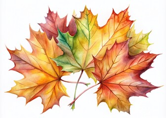 Fototapeta premium Hand-Painted Watercolor Maple Leaves on White Background for Nature and Fall Seasonal Decor