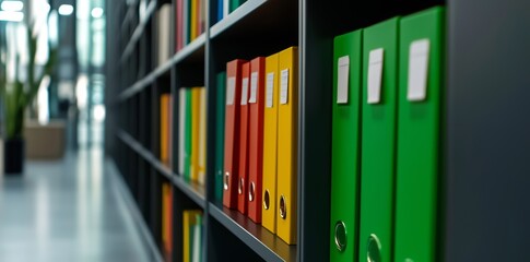 Obraz premium In the background we can see a bookshelf with rainbow folders on it. The wallpaper shows a straight view of an open bookcase. Modern interior design background.