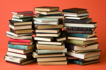 Stacks of pastel orange books and files isolated on an orange background
