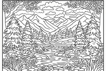 Fototapeta premium A coloring page of a mountain landscape with a river and flowers. There are black and white lines in the picture.