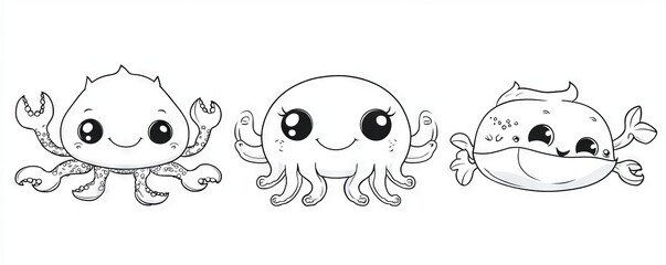 Fototapeta premium A coloring book template with funny animals including an octopus, crab, and clownfish. This coloring page was created using cutting-edge stock.