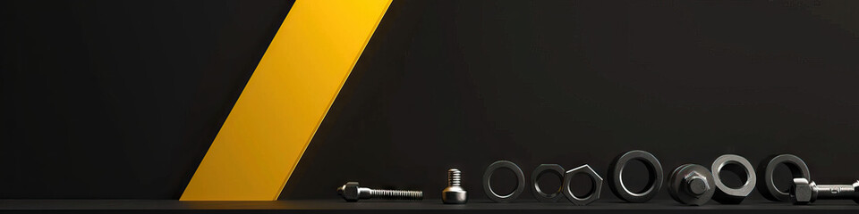 A sleek black wallpaper interrupted by a single bright yellow triangle, drawing attention to a collection of assorted metal nuts and bolts arranged around its base.
