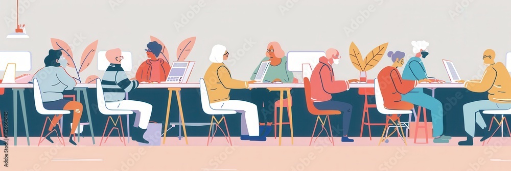 Aufkleber A group of elderly participants is focused on their computer classes, learning to navigate technology and enhance their digital skills. Generative AI