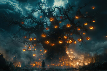 Haunted Halloween Tree with Glowing Pumpkins 