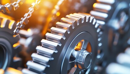 Close-up of gears and chains in motion inside a vast mechanical workshop, an intricate dance of metal parts