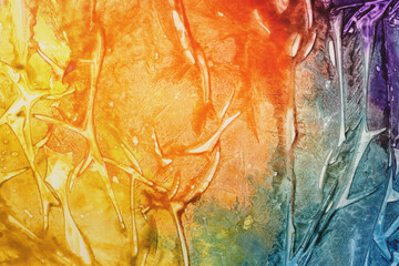 Art Watercolor Acrylic brushstroke smear blot painting wall. Abstract texture bright rainbow color...