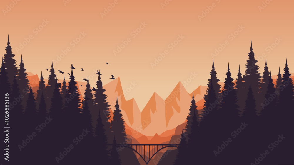 Wall mural sunset over the mountains forest sillhouette vector illustration good for presentation, advertising, ads, business, wallpaper, backdrop, background, and web banner