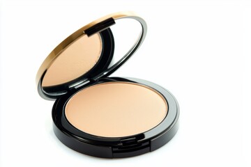 Compact powder case with a mirror inside, slightly open, showcasing a smooth pressed powder, isolated on a white background