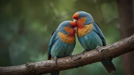 Obraz premium Two blue and orange parrots nuzzle on a branch with a blurred green background.