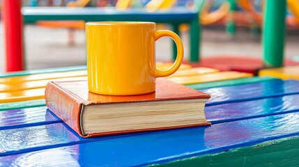Decorative wide angle photograph of books and a coffee mug in an amusement park. Advertising. World Book Day.