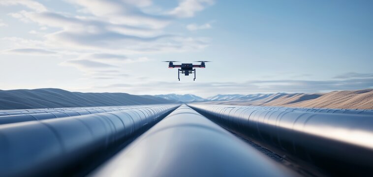 Industrial drones inspecting pipelines from above, flying over a vast industrial zone