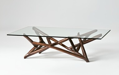 Designer coffee table with a glass top and metal legs, floating slightly above a white background