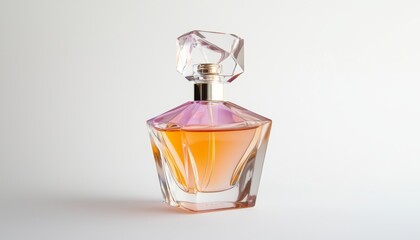 Glass perfume bottle with a geometric shape and a pastel-colored liquid, positioned centrally on a white background